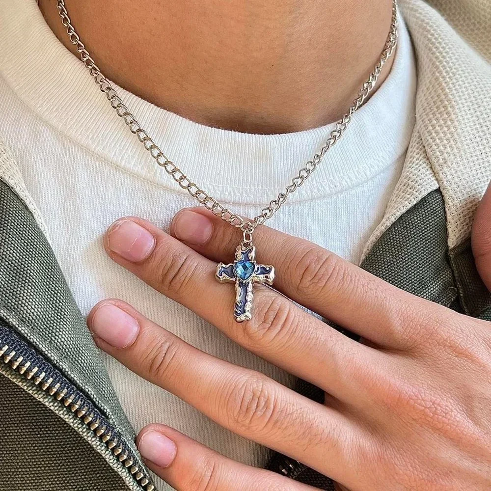 y2k 2000s grunge crystal cross pendant necklace